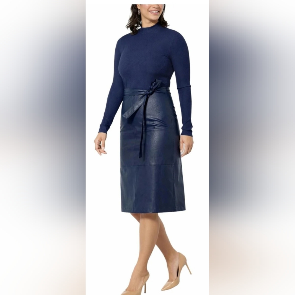 Colleen Lopez Women's Ribbed Knit Faux Leather Belted Dress Navy Size XX-SMALL
